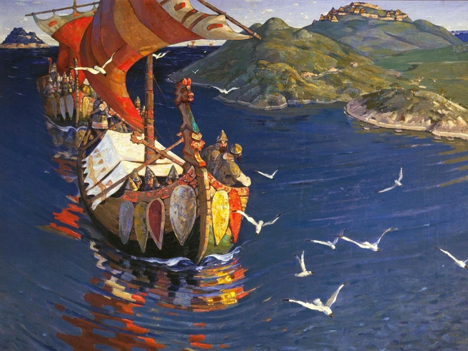 Картина Николая Рериха «Заморские гости» (1907), изображающая варяжские ладьи на пути в Русь. | Источник: Legion Media