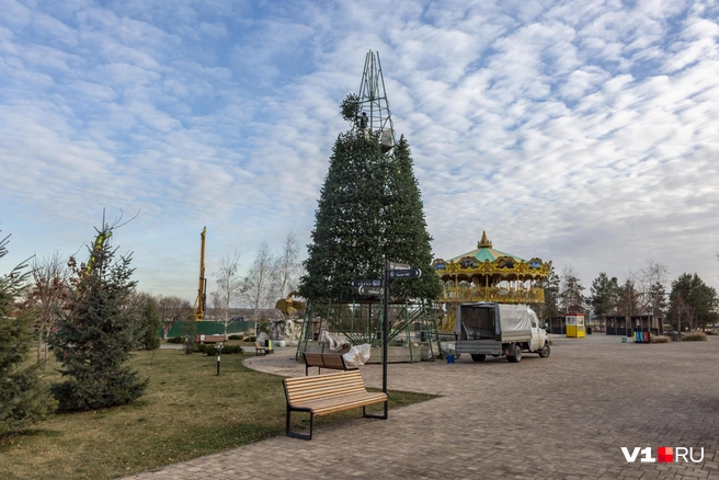 Монтаж городской елки производится на площадке, где обычно проходят ярмарки и концерты | Источник: Константин Завриков / V1.RU