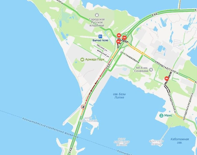 Авария в туннеле парализовала движение из Кронштадта: причина  | Источник: «Яндекс.Карты»