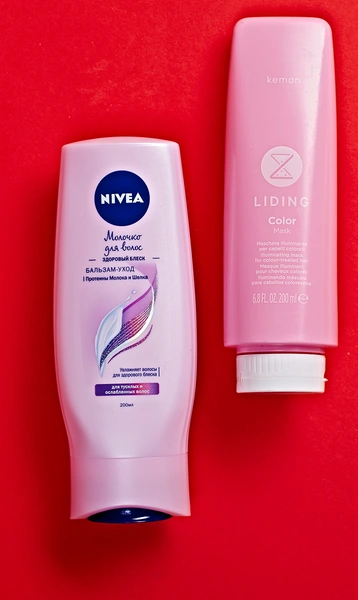 1. Молочко для волос, Nivea. 2. Маска для сияния цвета, Kemon.