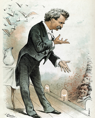 Карикатура на Твена, читающего лекции, 1890-е