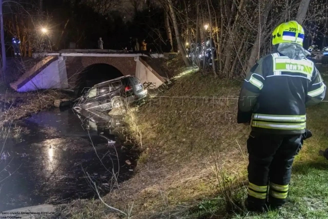Автомобиль упал в воду после столкновения со столбом | Источник: «ЧСтные новости Москвы» / T.me
