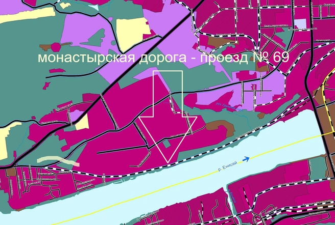 Проезд № 69 почти полностью повторяет монастырскую дорогу | Источник: Генплан города Красноярска от 2022 года / admkrsk.ru, Владимир Черников / vk.ru