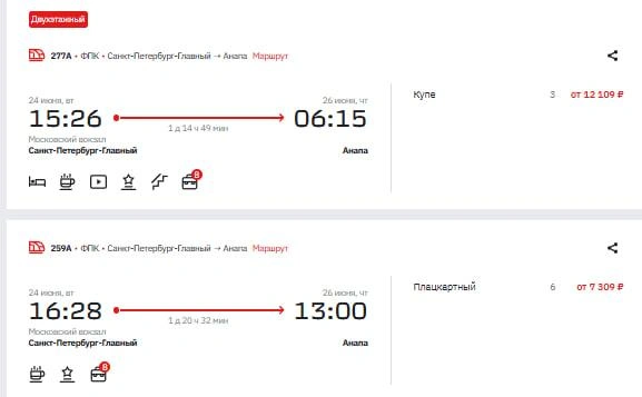 24 июня. Билеты из Питера в Анапу | Источник: Ticket.rzd.ru