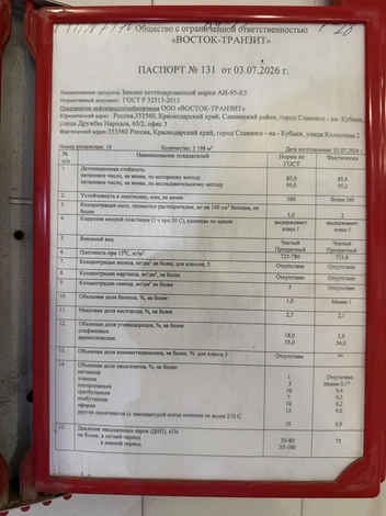 Паспорт на АИ-95 | Источник: 93.RU