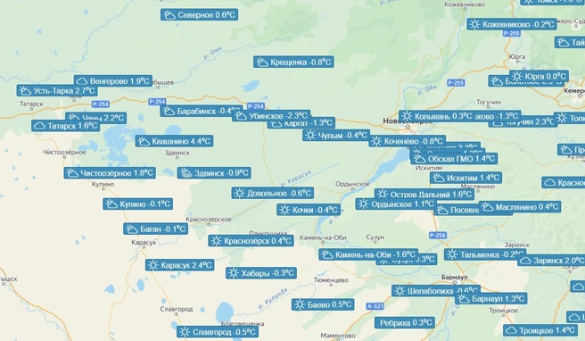 На карте показали, какая температура была в полночь с 14 на 15 мая  | Источник: meteo-nso.ru