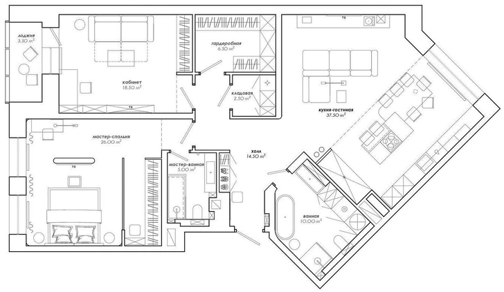 Светлая квартира 120 м² в Санкт-Петербурге