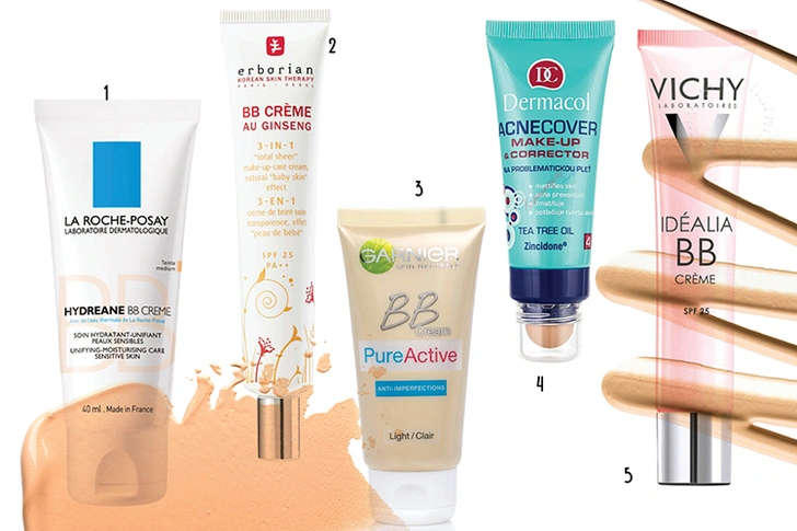 1. BB крем Hydreane, La Roche-Posay. 2. BB крем 5 в 1, Erborian. 3. BB Cream «Чистая Кожа Актив» для проблемной кожи, Garnier. 4. Тональный крем для проблемной кожи Acnecover Make-Up & Corrector, Dermacol. 5. BB крем Idealia, Vichy 