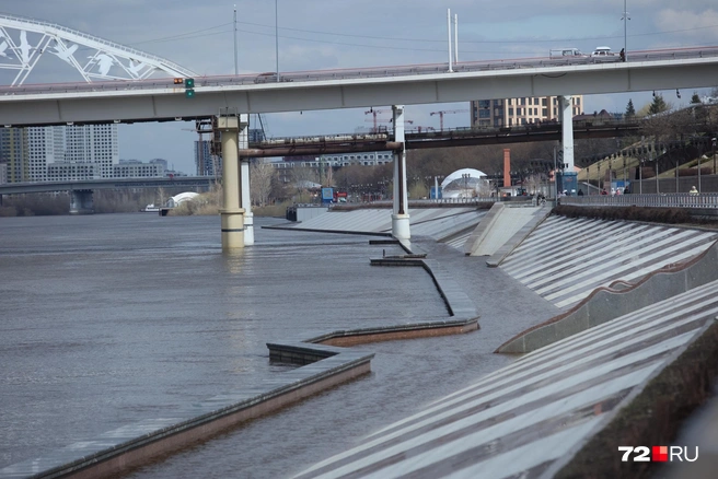 Тонкая кромка в воде&nbsp;— бортики нижнего яруса. Пока их видно, но всё может измениться | Источник: Ирина Шарова / 72.RU 