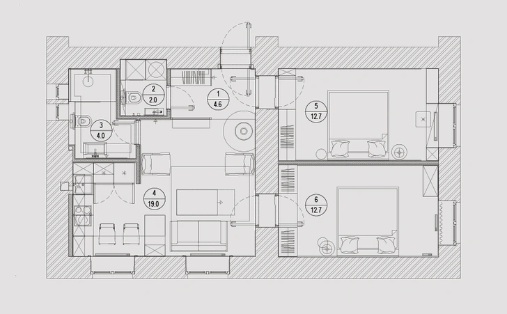 Планировка квартиры 55 м², проект архитектора Дмитрия Дубровского, Duga studio, www.duga.studio