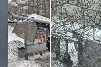 Снег повредил крышу остановки «Метро Гагаринская» в Новосибирске