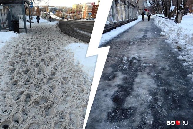 Эти фото снежной каши и льда на тротуаре были сделаны в Мотовилихе 29 ноября: слева — район остановки «Сквер журналистов», справа — стоматполиклинника на Студенческой | Источник: Василина Любимова