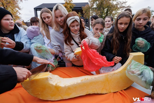 Думая, что тыквы на всех не хватит, многие посетители пытались как можно быстрее пройти к столу для раздачи | Источник: Алексей Волхонский / V1.RU