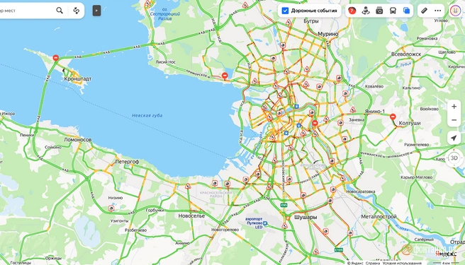 В Петербурге уплотнились пробки. Кроме ЗСД и КАД встали дороги на юго-западе | Источник: Яндекс Карты