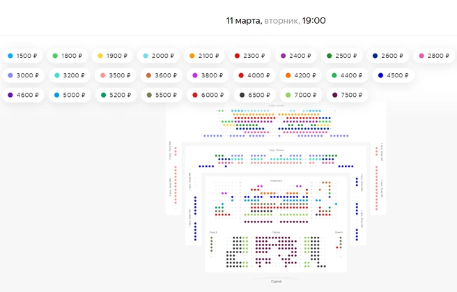 Цветным выделены свободные билеты разной стоимости | Источник: «Яндекс.Афиша» / скриншот