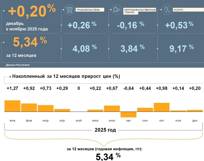Больше всего в 2025 году подорожали услуги&nbsp;— в среднем на 9,17%. Самая высокая инфляция месяца была в феврале и октябре. А в мае её, оказывается, совсем не случилось. | Источник: Отделение Центробанка по Воронежской области / cbr.ru