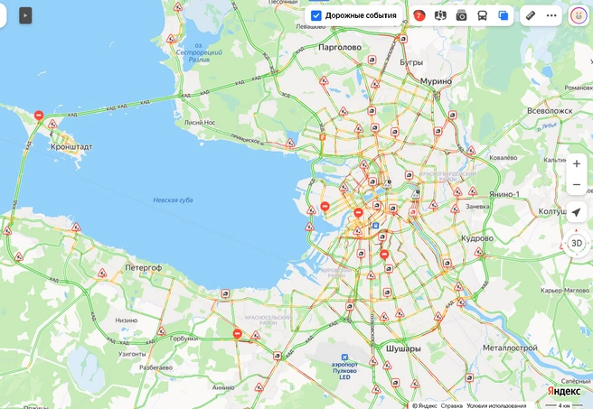 Петербуржцы рванули на выходные: дороги в городе уже днем забились на 7 баллов | Источник: «Яндекс.Карты»