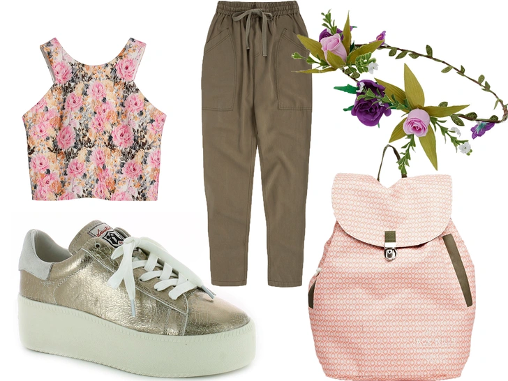 1. Украшение на голову, Topshop, 649 руб.2. Топ, Next, nextdirect.com, 2100 руб.3. Брюки, Pepe Jeans, 6500 руб.4. Рюкзак, Jack Wills, 3600 руб.5. Кеды, Ash, ashrussia.ru, 10 900 руб.