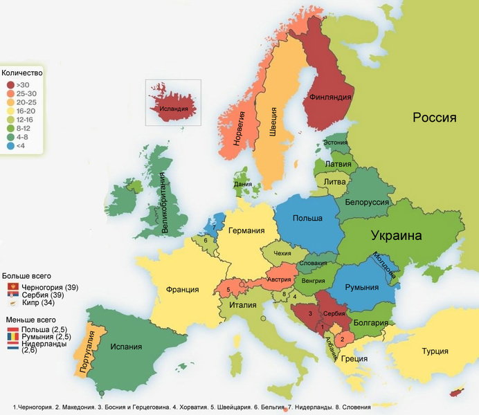 Карта: число единиц огнестрельного оружия на 100 человек в Европе и России