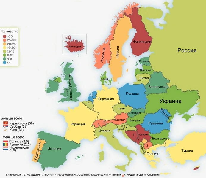 Карта: число единиц огнестрельного оружия на 100 человек в Европе и России