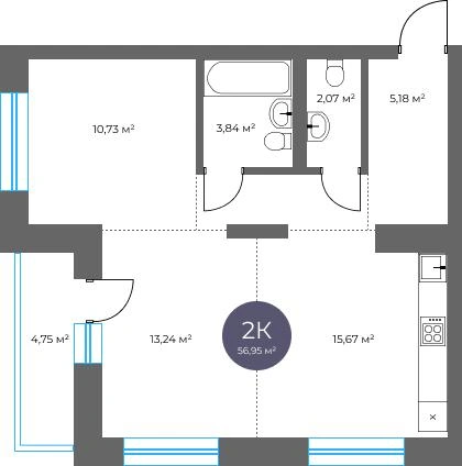 Источник: Двухкомнатная квартира 56,95 кв. м