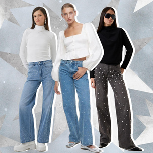Модные джинсы со стразами, в которых спокойно можно встретить Новый год 2024