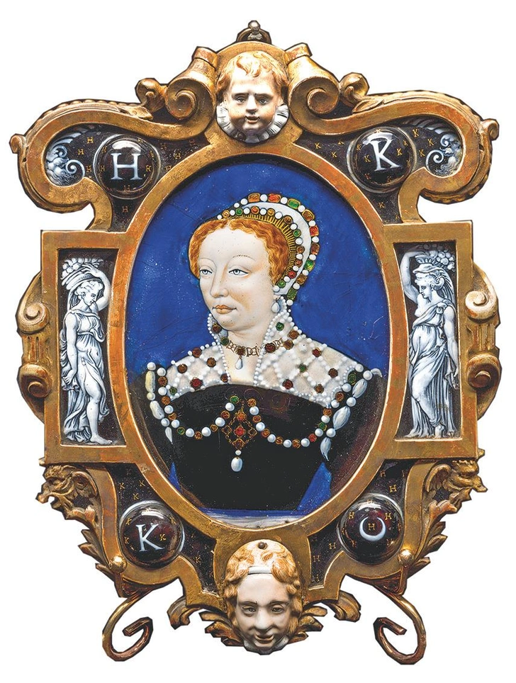 Неизвестный мастер XVI века. Портрет Екатерины Медичи, королевы Франции, в эмалевой раме. По портрету Франсуа Клуэ. Медная пластина, живописная эмаль