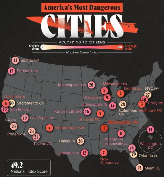 Где в США жить нехорошо: топ-30 самых опасных городов Америки (инфографика) | Источник: Visual Capitalist via Voronoi App