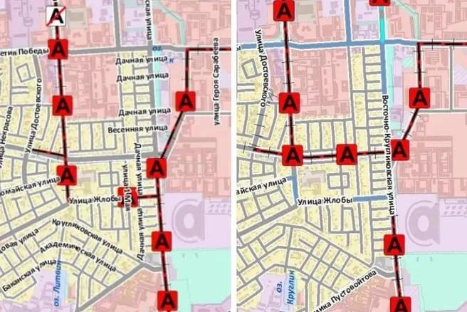 На 1-м фото — вариант прохождения трамвайной ветки, который выносился на общественные обсуждения Генплана в 2020-м, на 2-м фото — принятый вариант в 2020-м и 2024-м | Источник: проект Генплана-2020 и утвержденный Генплан-2020