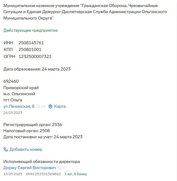 Данные о об учреждении «Гражданская оборона, чрезвычайные ситуации и единая дежурно-диспетчерская служба администрации» Ольгинского округа | Источник: «Контур Фокус»