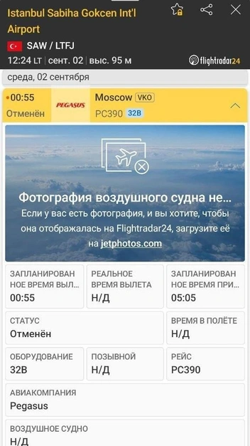 Рейс из Стамбула в Москву отменен | Источник: Flightradar