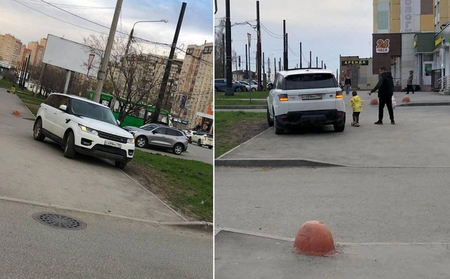 Позади пустые парковки, но чудак на Range Rover предпочел бросить машину по диагонали на тротуаре. Живот прихватило? | Источник: читатель 74.RU