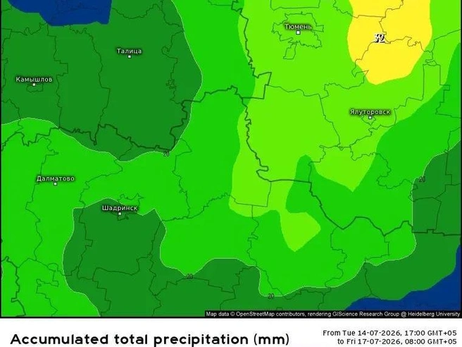 Карта прогноза осадков в Тюмени до утра 17 июля | Источник: Илья Винштейн 