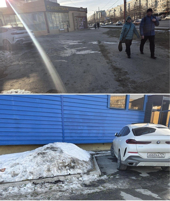 Улица Красного Урала, 10. «Дама каждый день приезжает на работу, через пешеходный переход заезжает на тротуар и паркуется перед входом в свою парикмахерскую,&nbsp;— рассказывает автор снимка. —&nbsp;На замечания говорит, мол, передавайте привет прокурору Курчатовского района, либо предлагает набрать в ГАИ, чтоб убедиться, что ей знакомый сотрудник согласовал так ставить авто. А заканчивается разговор просто: посмотри на номера…» | Источник: читатель 74.RU