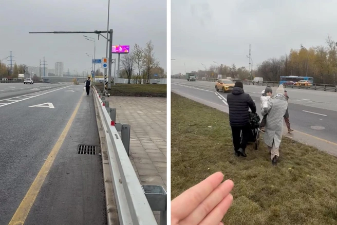 Жильцы «Южной Битцы» в Подмосковье недалеко от МКАД ходят с колясками пешком по Варшавскому шоссе | Источник: Татьяна Солодовник