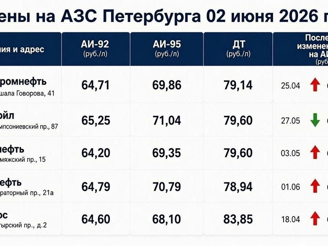 Стоимость топлива на городских АЗС по состоянию на 2 июня | Источник: «Фонтанка.ру»