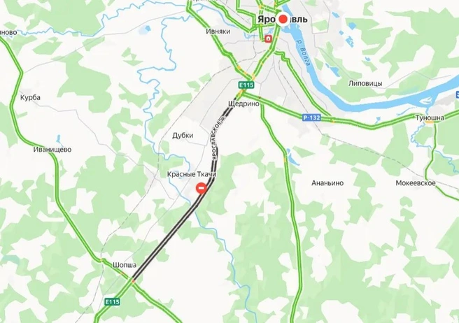 28 августа перекрыли въезд в Ярославль по трассе М-8 | Источник: «Яндекс. Карты»