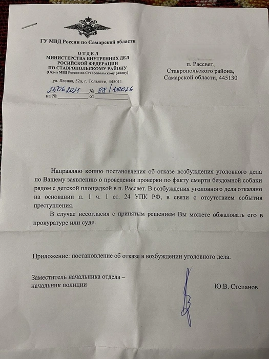 Ответ из полиции | Источник: жители Васильевки