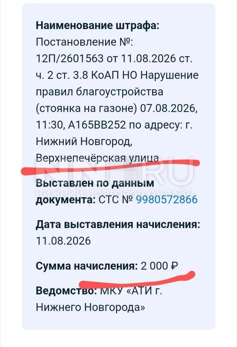 Штраф за парковку на Верхнепечёрской | Источник: читатель NN.RU