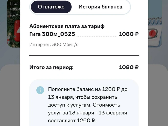 Платёж по одному из тарифов увеличится в январе с 1080 до 1260 рублей. | Источник: читатель E1.RU