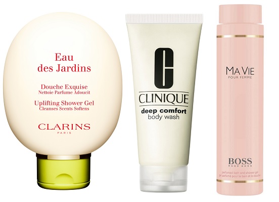 Clarins Гель для душа Eau des Jardins,Увлажняющий и смягчающий гель для душа Clinique, Hugo Boss Гель для душа Ma Vie | Источник: Архив пресс-служб