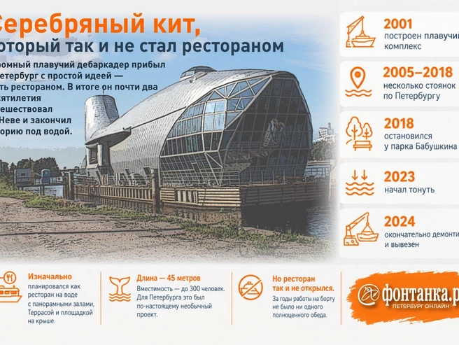 На Неве пытался обосноваться и другой необычный объект — огромный кит. Его перевозили между набережными, продавали, пытались узаконить стоянку. Ресторан так и не принял первых посетителей, зато дождался водолазов и судебных приставов. | Источник: Кирилл Григошин / «Фонтанка.ру»