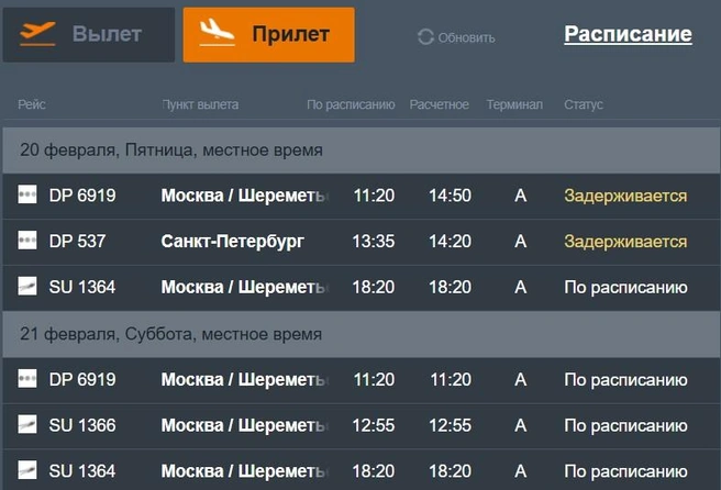 Рейсы на прилет | Источник: официальный сайт аэропорта Ставрополя / stavavia.ru