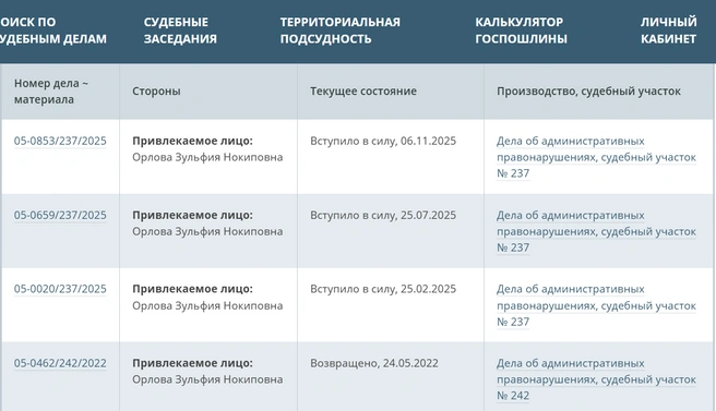 Зульфия не раз привлекалась к административной ответственности | Источник: mos-sud.ru