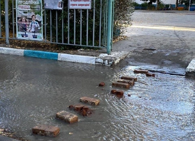 К гимназии через поток воды ведет дорога из старого кирпича | Источник: читатели V1.RU
