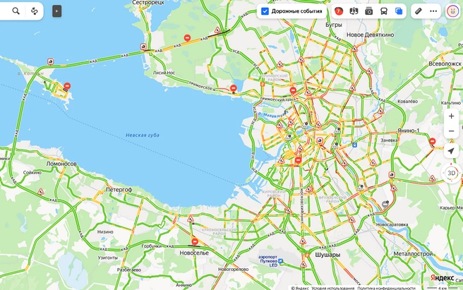 В Петербурге выросли пробки: Пискаревский присоединился к КАД | Источник: Яндекс.Карты