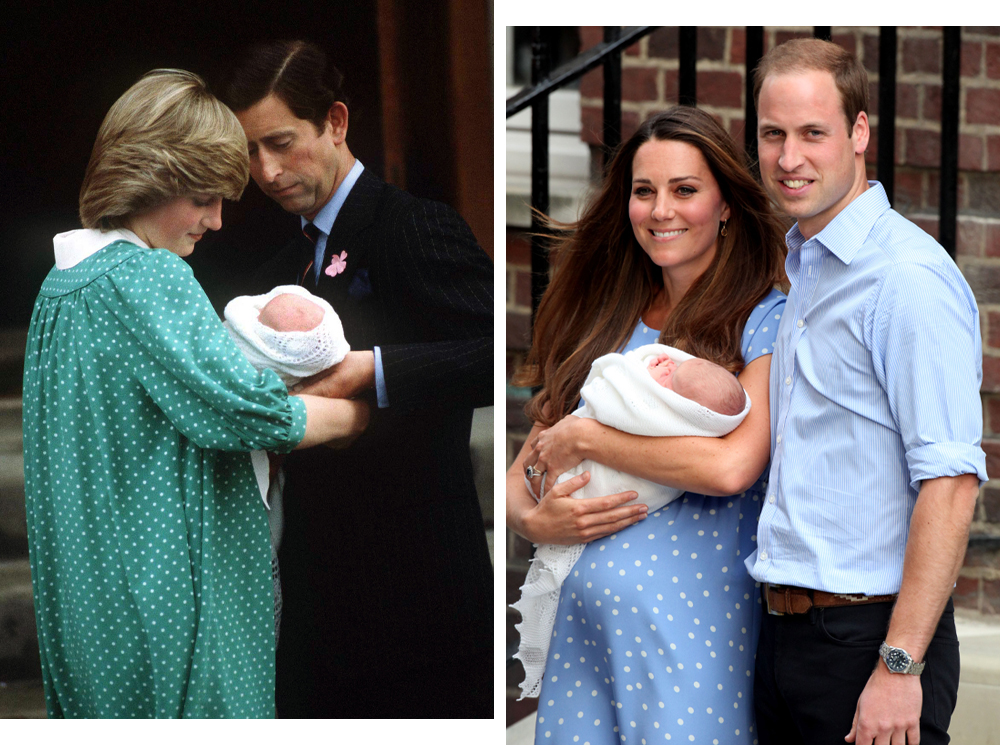 Уэльские с новорожденным принцем Уильямом, 1982; Кембриджские с принцем Джорджем, 2013 | marieclaire.ru