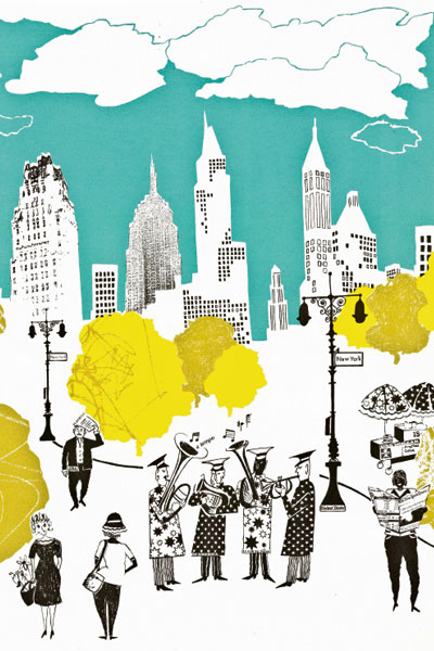 Коллекцию Jazz in Central Park англичанка Лиззи Аллен посвятила улицам Нью-Йорка. Обои, ручная печать, Lizzie Allen, www. lizzieallen.co.uk.