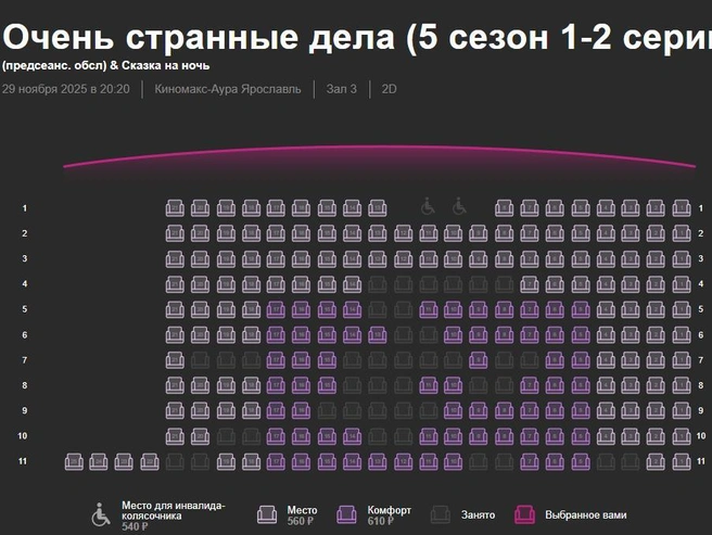 На сеансе 29 ноября для первых двух эпизодов осталось множество свободных мест | Источник: Киномакс-Аура Ярославль / kinomax.ru