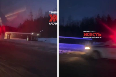 Автобус съехал в кювет под Новодвинском: видео ДТП